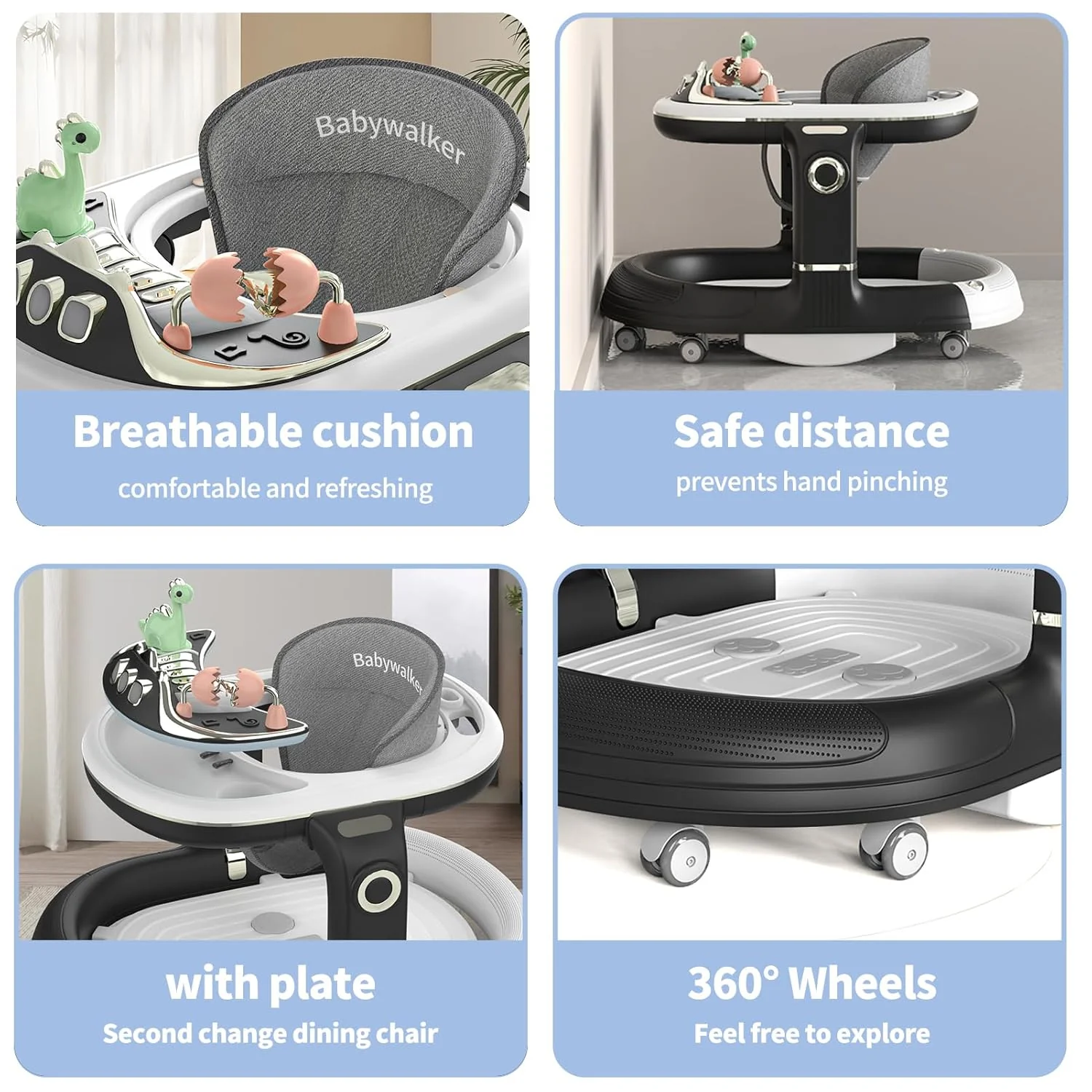 4in1 Multi-functional Baby Dino Musical Walker - Black - Image 6