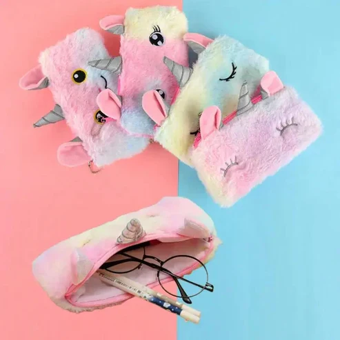 Plush Rainbow Fur Pencil Pouch - 1Pc - Image 2